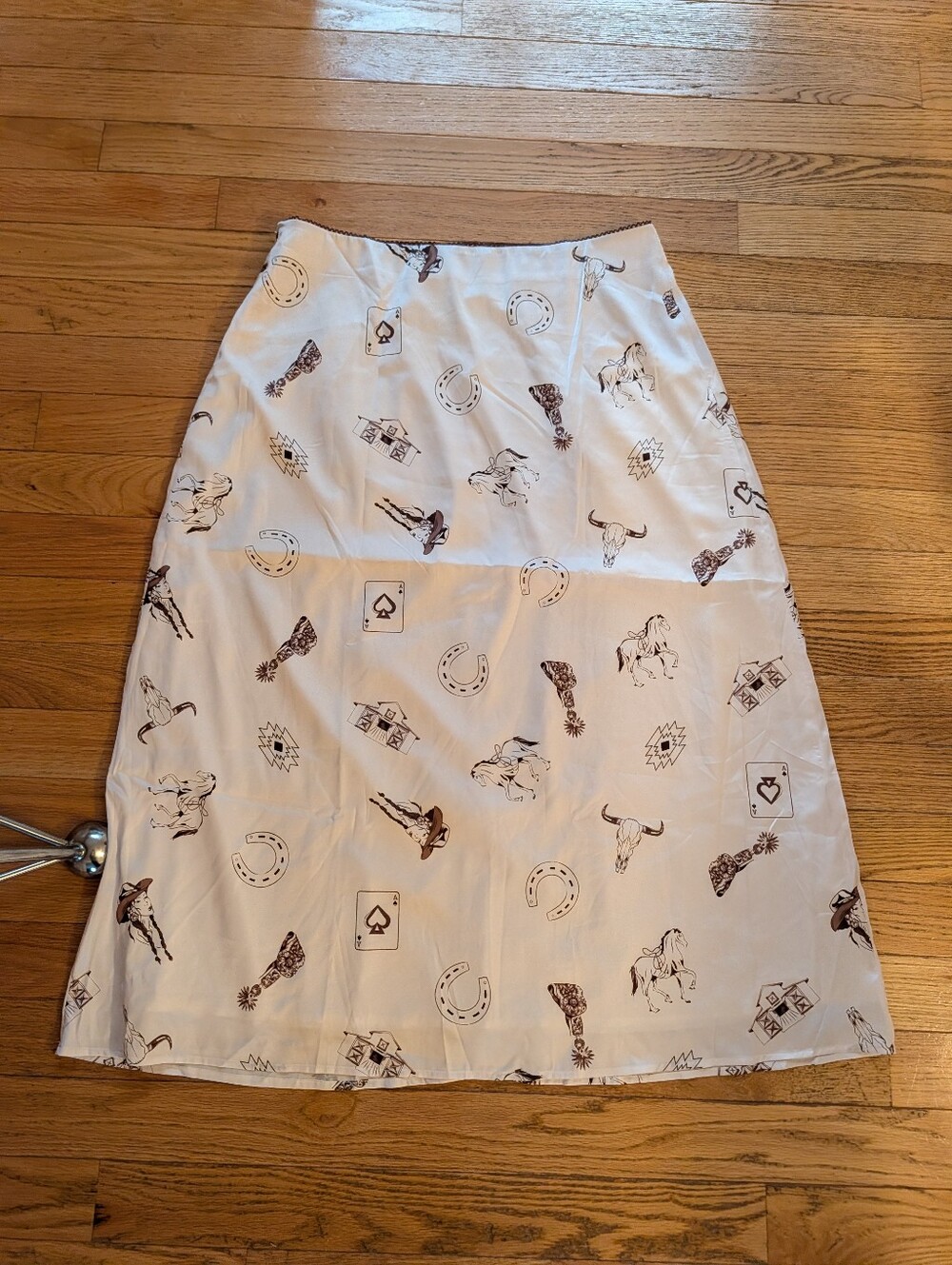 Retro Western Printed Silky Satin Maxi Long Skirt Brown White Cowgirl Boho Vtg